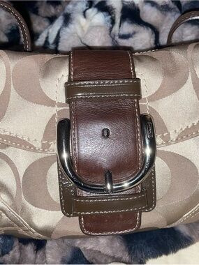 Coach Tan and Brown Signature Canvas Shoulder Bag with Buckle Detail